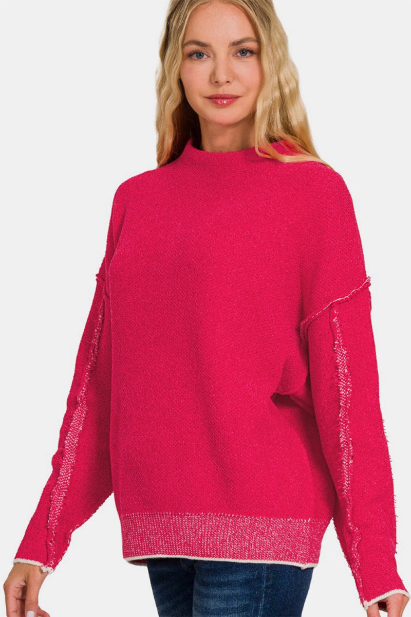 Zenana Exposed Seam Mock Neck Long Sleeve Sweater - S. M. & Co.