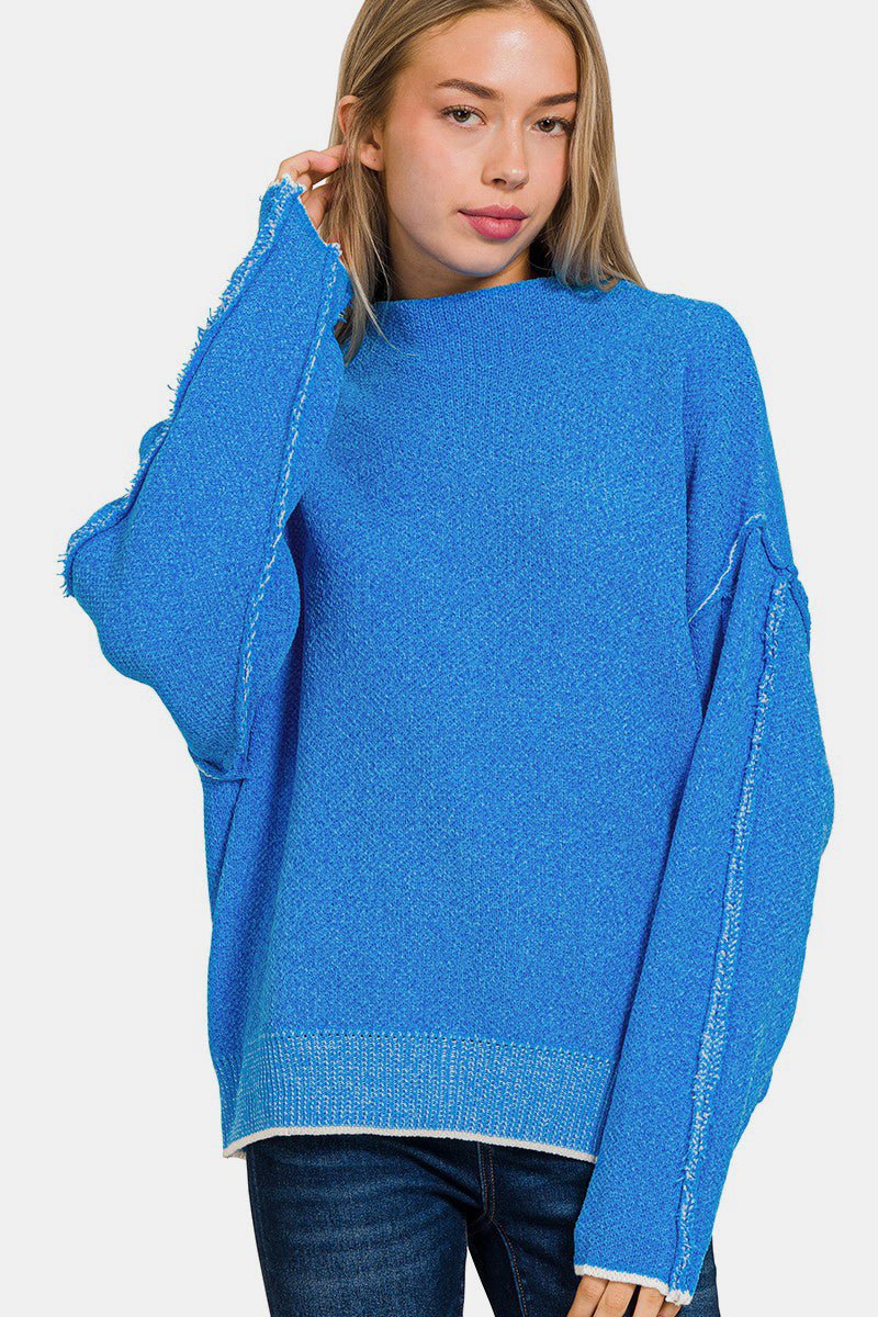 Zenana Exposed Seam Mock Neck Long Sleeve Sweater - S. M. & Co.