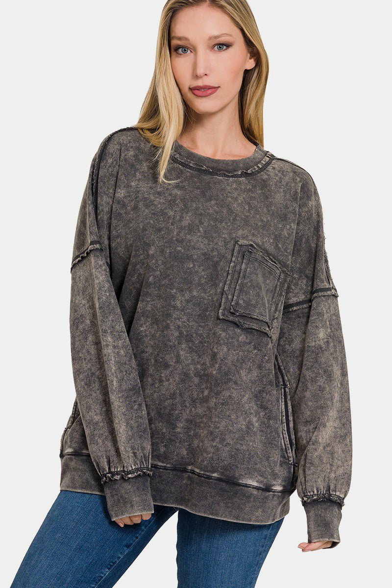 Zenana Exposed Seam Round Neck Dropped Shoulder Sweatshirt - S. M. & Co.