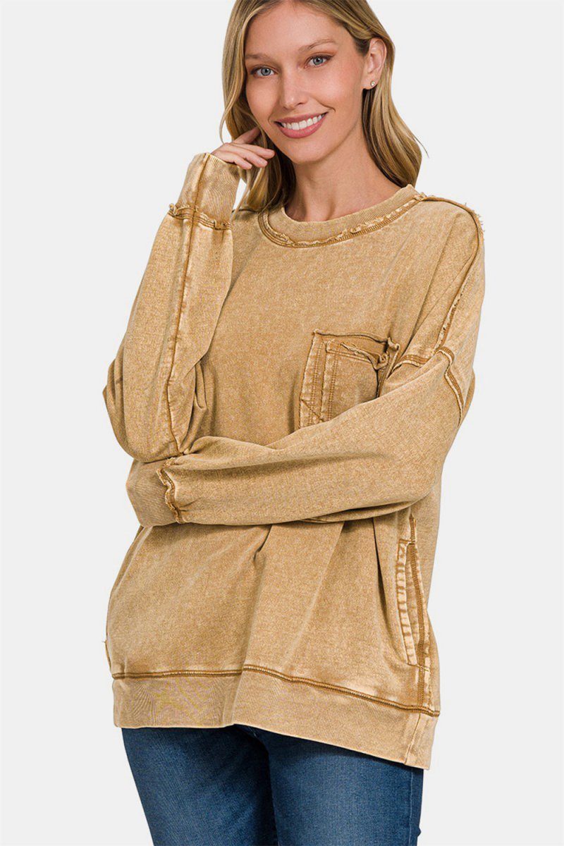 Zenana Exposed Seam Round Neck Dropped Shoulder Sweatshirt - S. M. & Co.