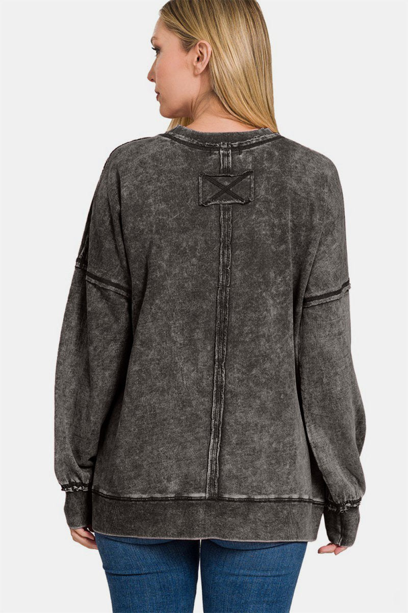 Zenana Exposed Seam Round Neck Dropped Shoulder Sweatshirt - S. M. & Co.