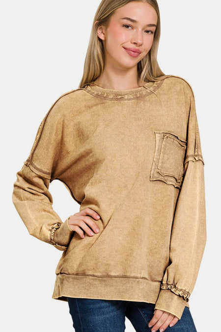 Zenana Exposed Seam Round Neck Dropped Shoulder Sweatshirt - S. M. & Co.