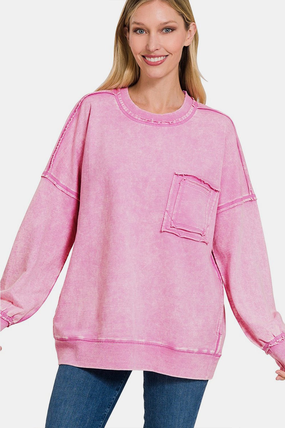 Zenana Exposed Seam Round Neck Dropped Shoulder Sweatshirt - AnAs Market