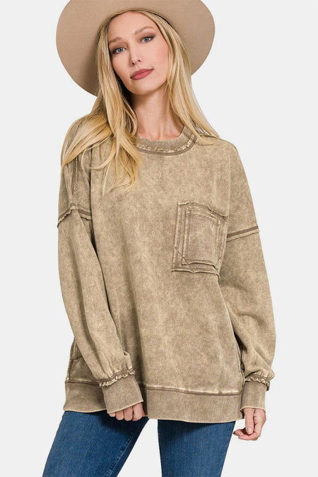 Zenana Exposed Seam Round Neck Dropped SweatshirtShoulder - S. M. & Co.