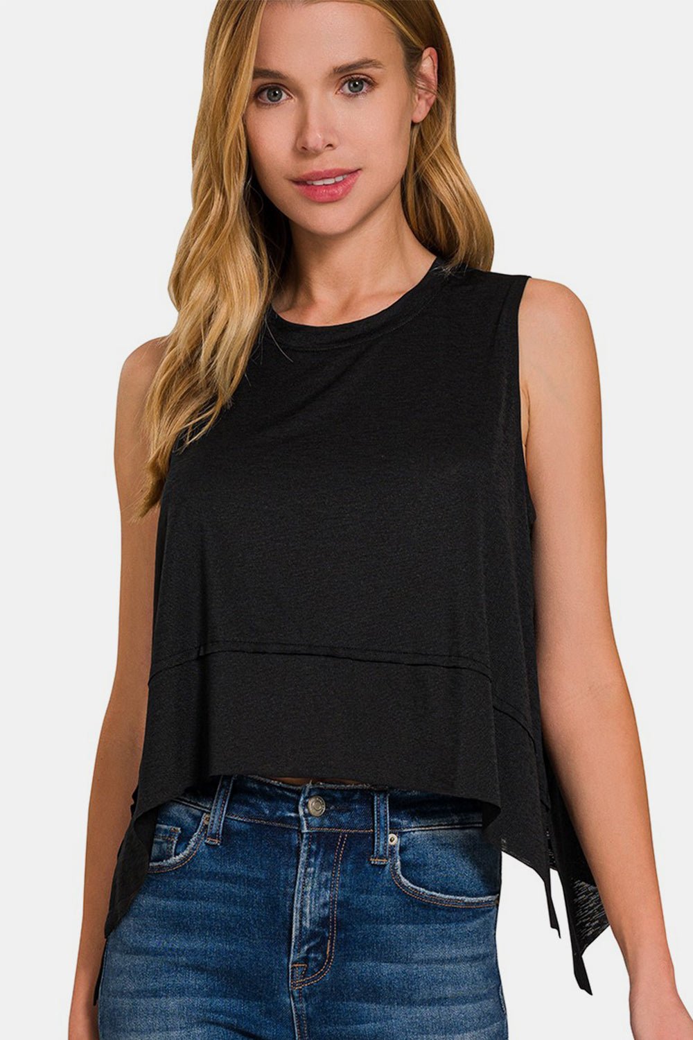 Zenana Exposed Seam Slit Round Neck Tank - S. M. & Co. - Tops/Tank Tops