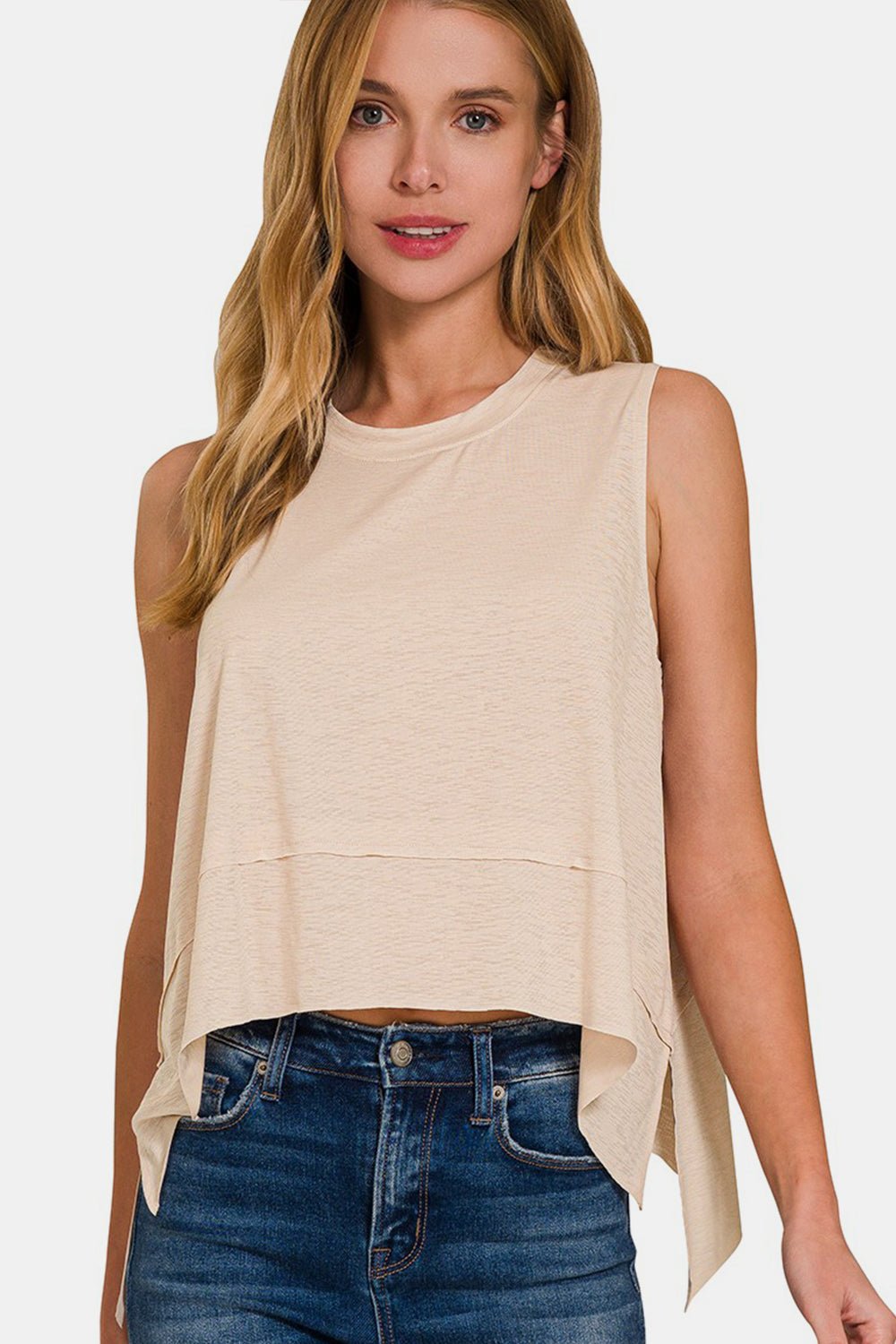 Zenana Exposed Seam Slit Round Neck Tank - S. M. & Co.