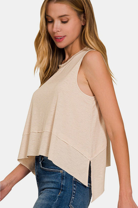 Zenana Exposed Seam Slit Round Neck Tank - S. M. & Co.