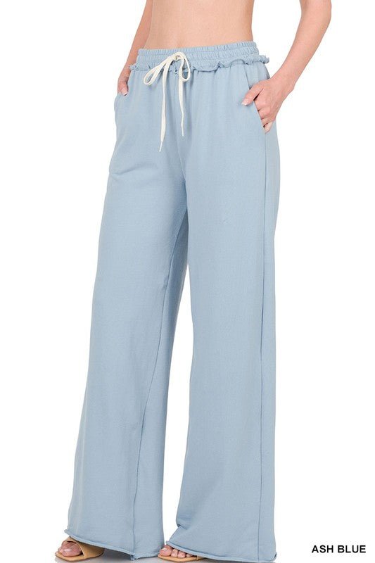 Zenana French Terry Drawstring Waist Raw Edge Hem Pants - S. M. & Co.