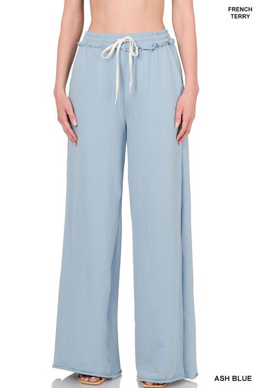 Zenana French Terry Drawstring Waist Raw Edge Hem Pants - S. M. & Co.