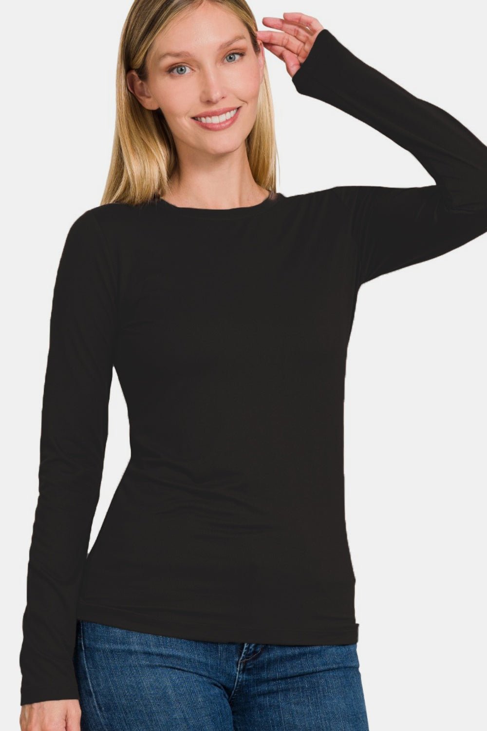 Zenana Ful Size Brushed Microfiber Long Sleeve Round Neck T - Shirt - S. M. & Co.