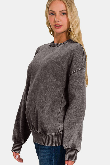 Zenana Full Size Acid Wash Fleece Long Sleeve Sweatshirt - S. M. & Co.