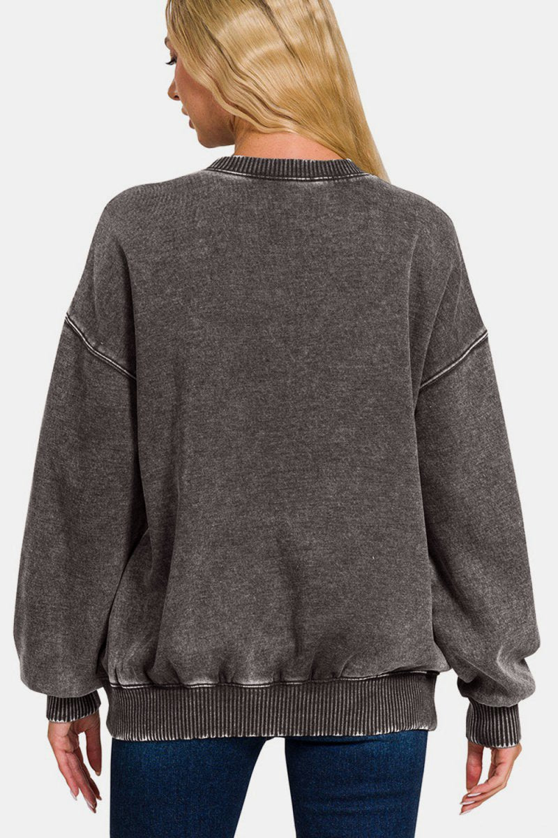 Zenana Full Size Acid Wash Fleece Long Sleeve Sweatshirt - S. M. & Co.