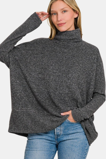 Zenana Full Size Brushed Melange Hacci Turtleneck Sweater - S. M. & Co.