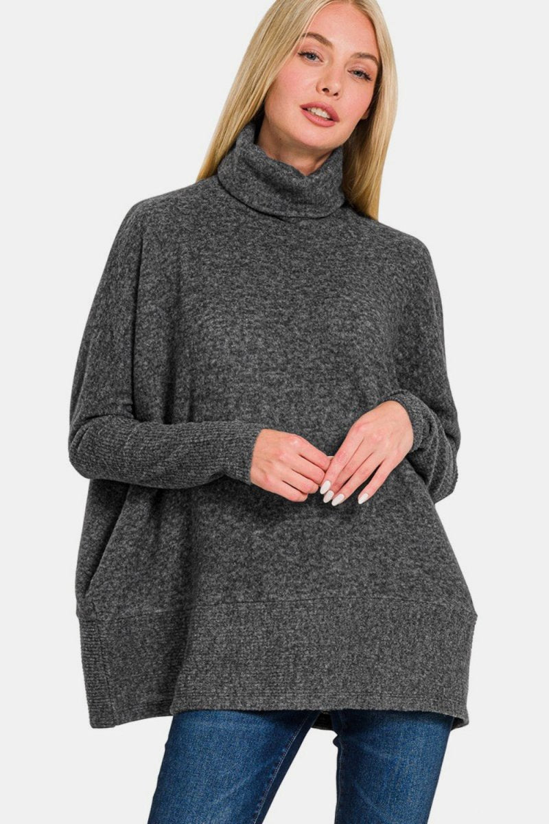 Zenana Full Size Brushed Melange Hacci Turtleneck Sweater - S. M. & Co.