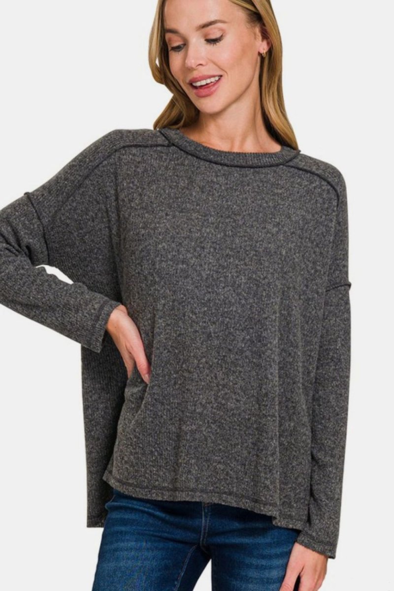 Zenana Full Size Exposed Seam Brushed Round Neck Sweater - S. M. & Co.