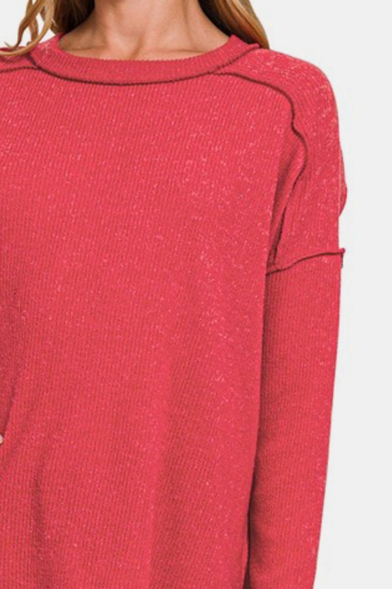 Zenana Full Size Exposed Seam Brushed Round Neck Sweater - S. M. & Co.