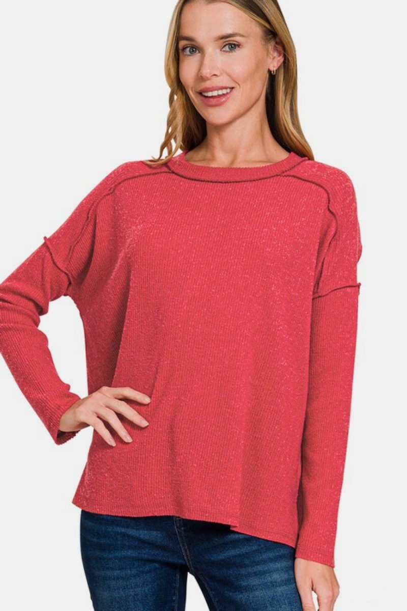 Zenana Full Size Exposed Seam Brushed Round Neck Sweater - S. M. & Co.