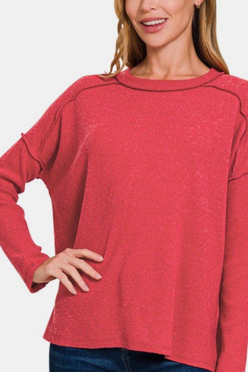 Zenana Full Size Exposed Seam Brushed Round Neck Sweater - S. M. & Co.