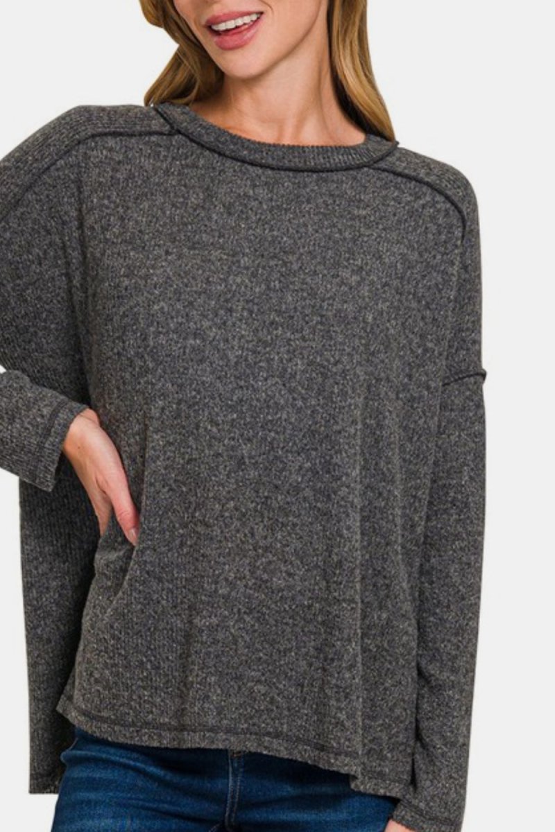 Zenana Full Size Exposed Seam Brushed Round Neck Sweater - S. M. & Co.