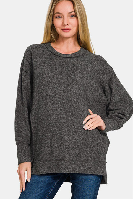 Zenana Full Size High - Low Round Neck Long Sleeve Sweater - S. M. & Co.