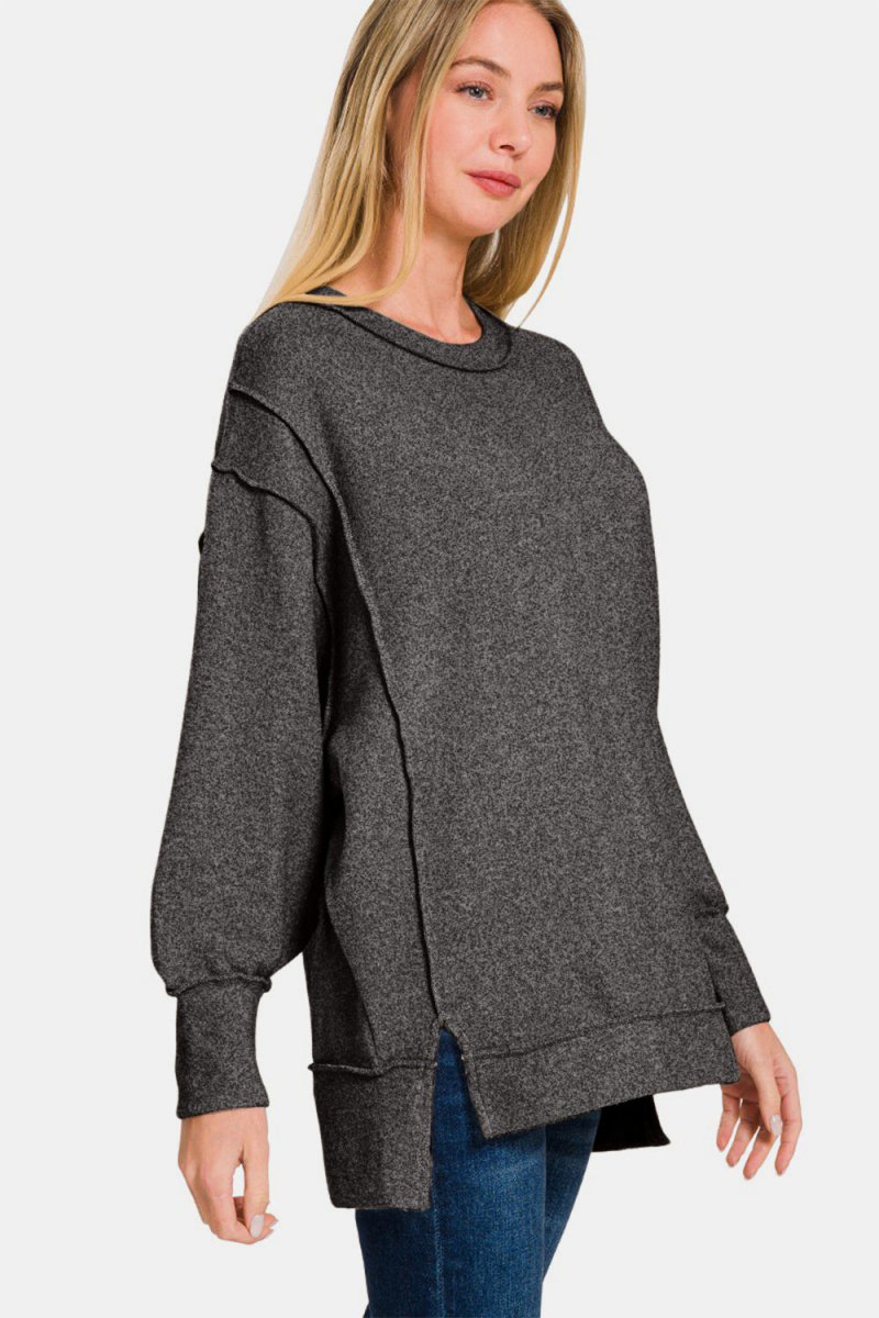 Zenana Full Size High - Low Round Neck Long Sleeve Sweater - S. M. & Co.