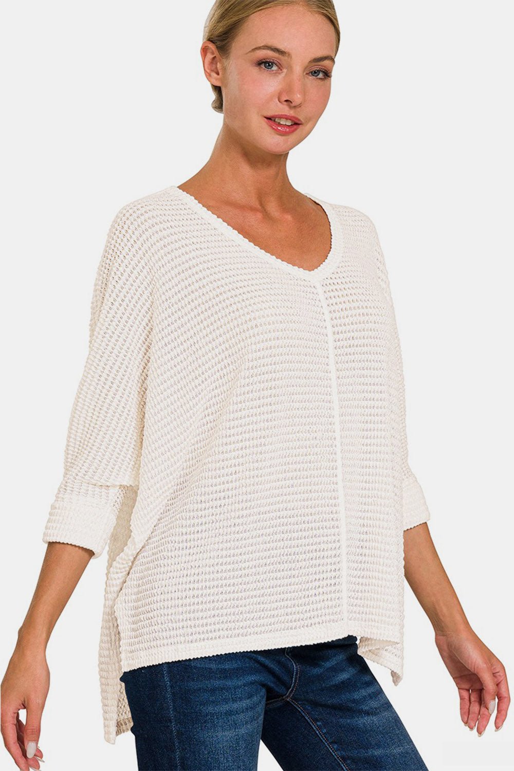 Zenana Full Size Round Neck High - Low Slit Knit Top - S. M. & Co.