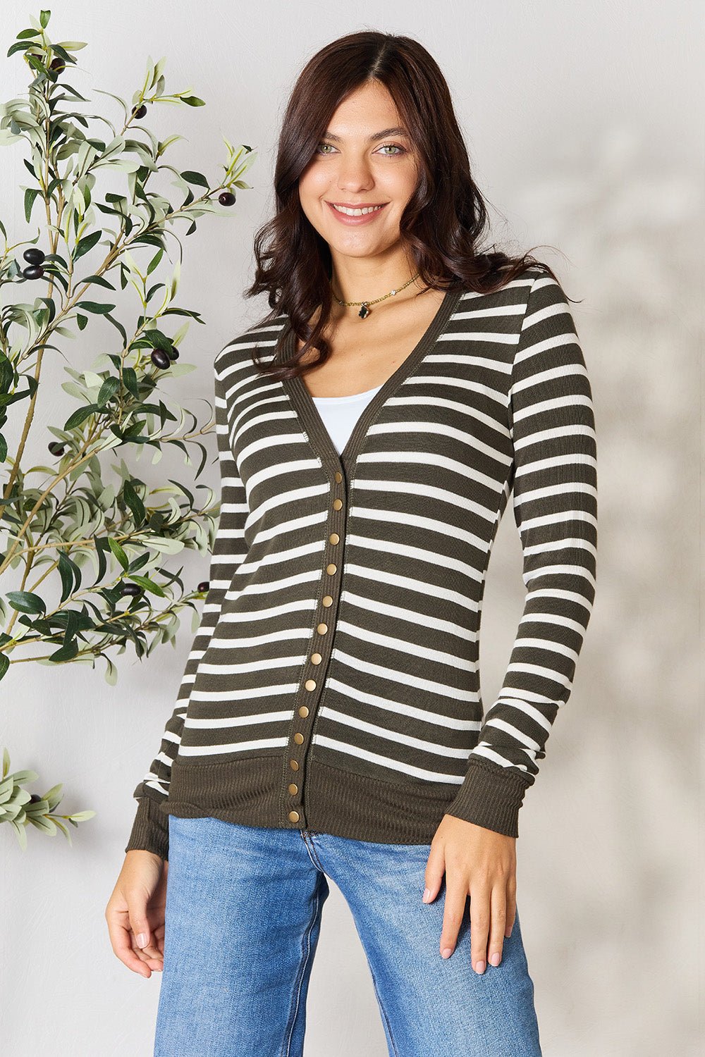 Zenana Full Size Striped Snap Down Cardigan - AnAs Market