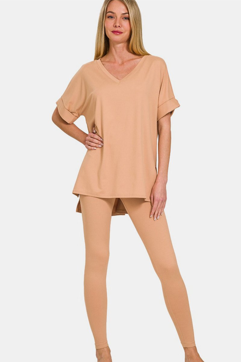 Zenana Full Size V - Neck Rolled Short Sleeve T-Shirt and Leggings Lounge Set - S. M. & Co.