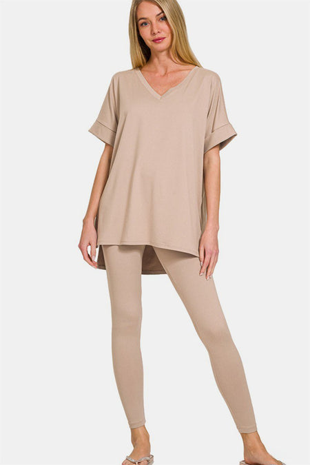 Zenana Full Size V - Neck Rolled Short Sleeve T-Shirt and Leggings Lounge Set - S. M. & Co.