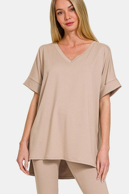 Zenana Full Size V - Neck Rolled Short Sleeve T-Shirt and Leggings Lounge Set - S. M. & Co.