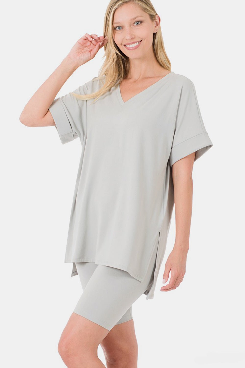 Zenana Full Size V - Neck Short Sleeve Slit T - Shirt and Shorts Set - S. M. & Co.