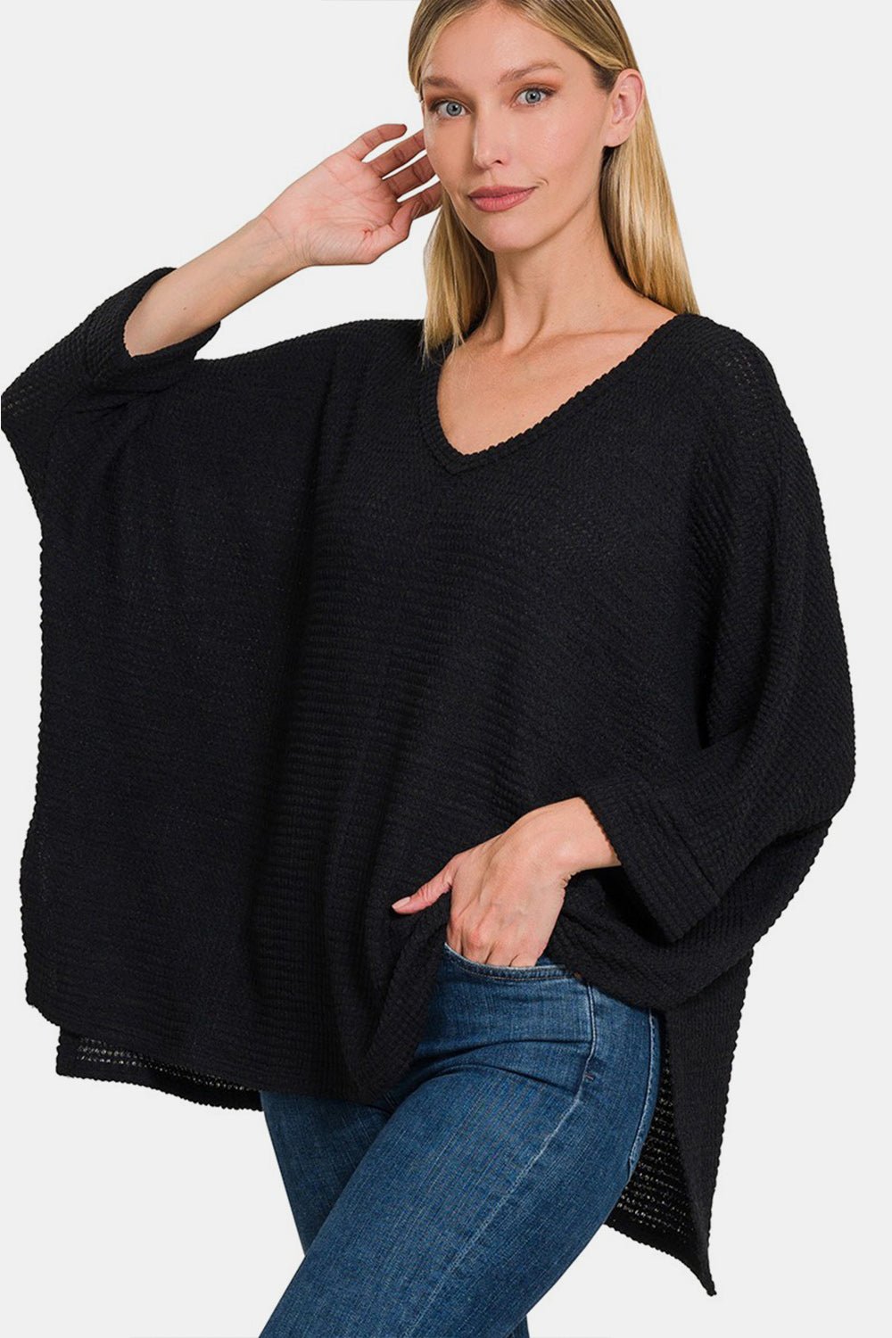 Zenana Full Size Waffle Knit V-Neck Long Sleeve Slit Top - AnAs Market