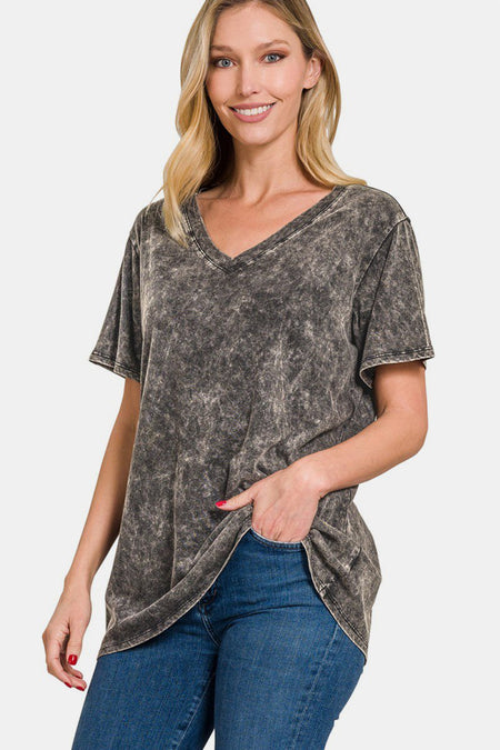 Zenana Full Size Washed Short Sleeve V - Neck T-Shirt - S. M. & Co.