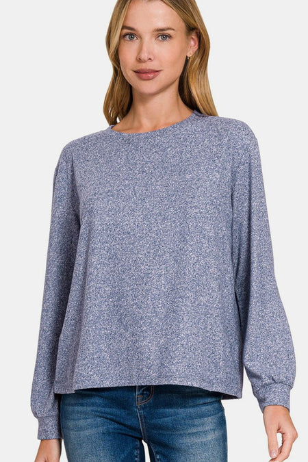 Zenana Hacci Round Neck Long Sleeve T-Shirt - S. M. & Co.