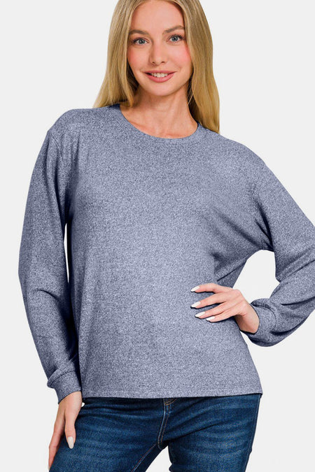 Zenana Hacci Round Neck Long Sleeve T-Shirt - S. M. & Co.