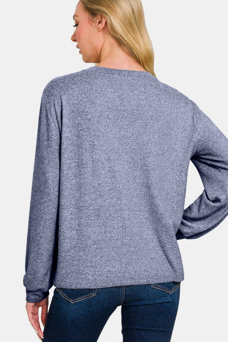 Zenana Hacci Round Neck Long Sleeve T-Shirt - S. M. & Co.