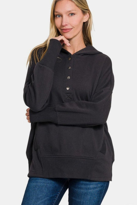 Zenana Half Snap Long Sleeve Hoodie with Kangaroo Pocket - S. M. & Co.