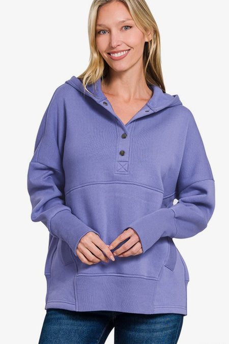 Zenana Half Snap Long Sleeve Hoodie with Kangaroo Pocket - S. M. & Co.