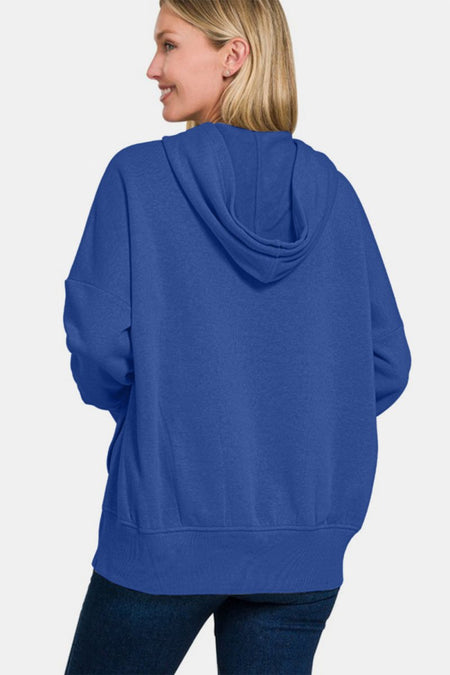 Zenana Half Snap Long Sleeve Hoodie with Kangaroo Pocket - S. M. & Co.