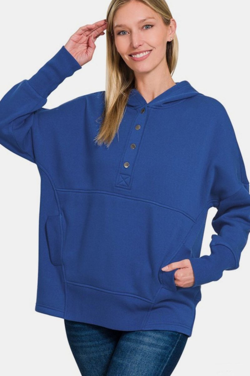 Zenana Half Snap Long Sleeve Hoodie with Kangaroo Pocket - S. M. & Co.