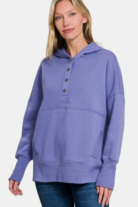 Zenana Half Snap Long Sleeve Hoodie with Kangaroo Pocket - S. M. & Co.