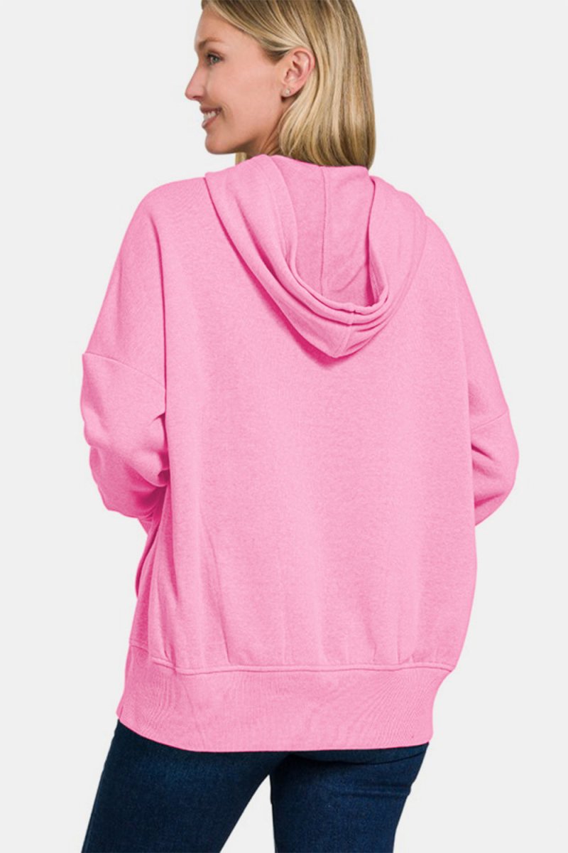 Zenana Half Snap Long Sleeve Hoodie with Kangaroo Pocket - S. M. & Co.