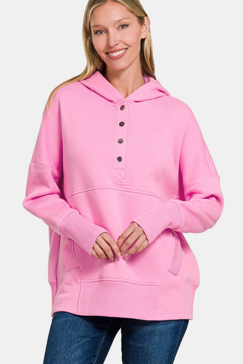 Zenana Half Snap Long Sleeve Hoodie with Kangaroo Pocket - S. M. & Co.