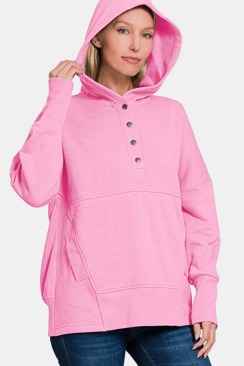 Zenana Half Snap Long Sleeve Hoodie with Kangaroo Pocket - S. M. & Co.