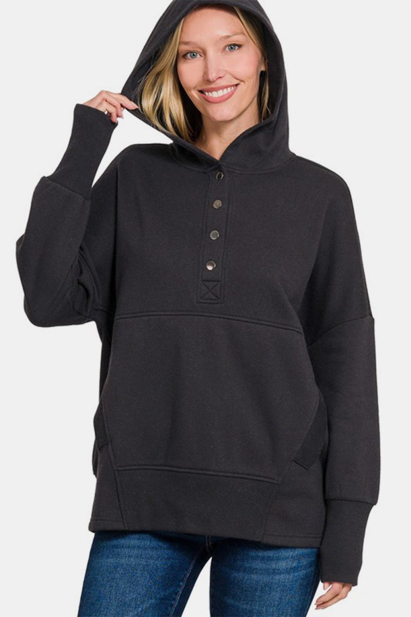 Zenana Half Snap Long Sleeve Hoodie with Kangaroo Pocket - S. M. & Co.