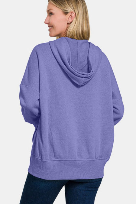 Zenana Half Snap Long Sleeve Hoodie with Kangaroo Pocket - S. M. & Co.