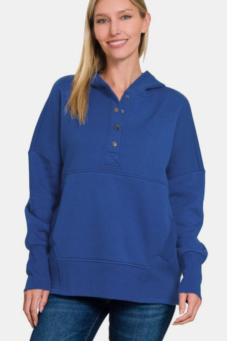 Zenana Half Snap Long Sleeve Hoodie with Kangaroo Pocket - S. M. & Co.