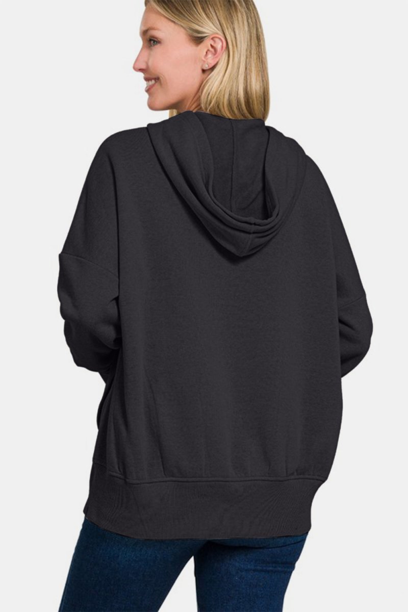 Zenana Half Snap Long Sleeve Hoodie with Kangaroo Pocket - S. M. & Co.