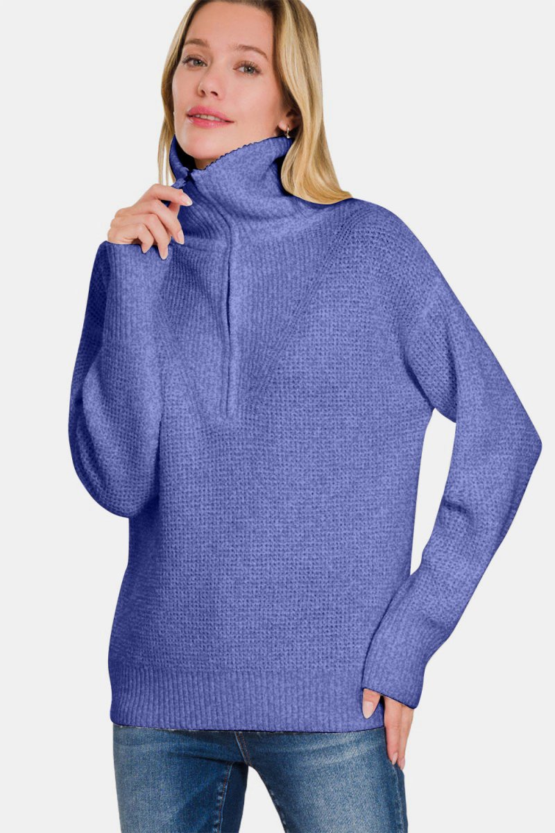 Zenana Half Zip Long Sleeve Sweater - S. M. & Co.