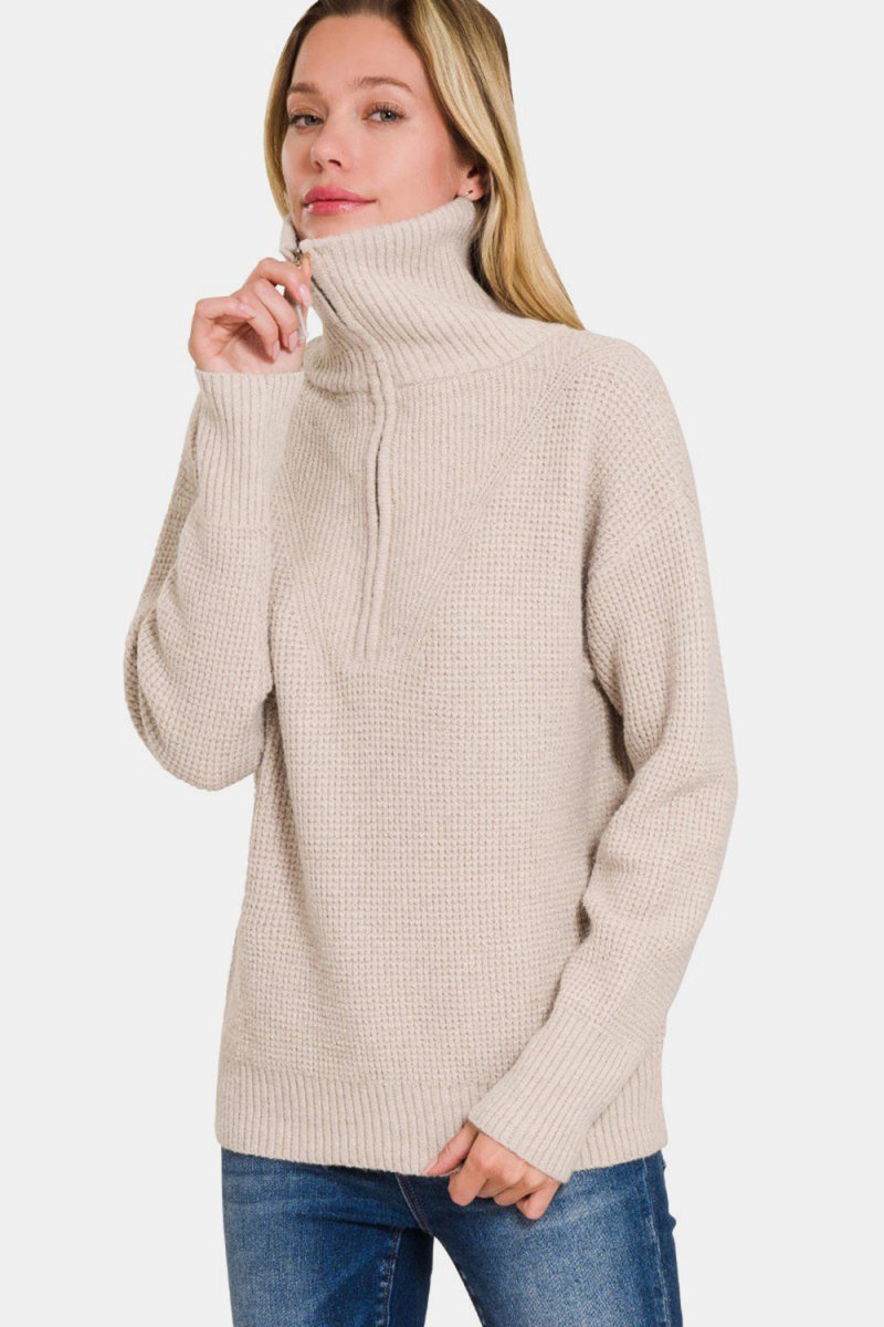 Zenana Half Zip Long Sleeve Sweater - S. M. & Co.